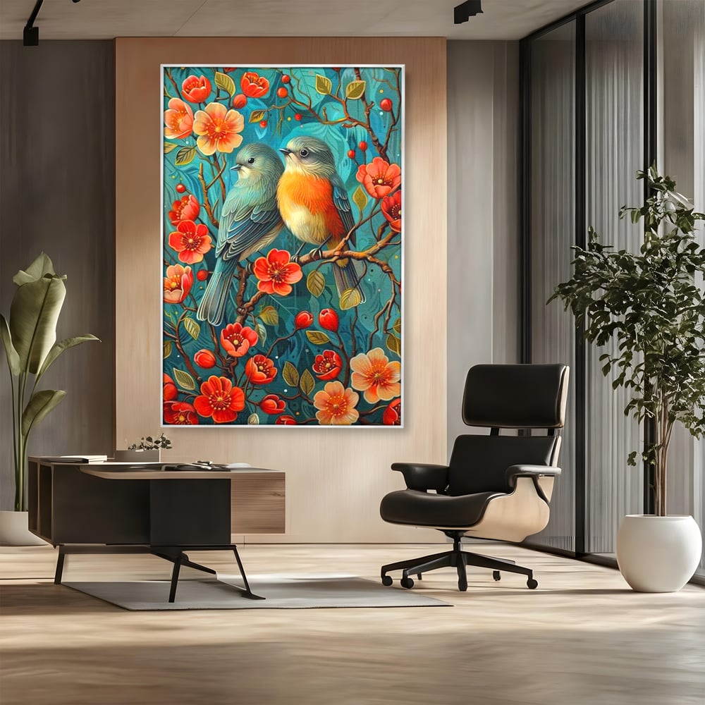 Tablou canvas cu tablou canvas cu pasari pe creanga, in rama de aluminiu argintiu, pe perete intr-un birou